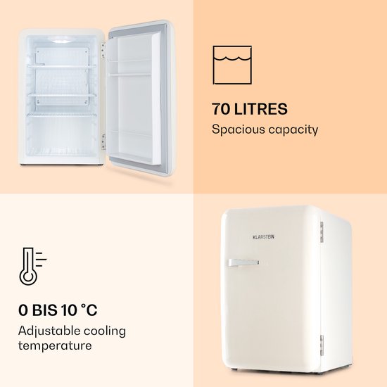 Klarstein Minibar Audrey Mini - kleine koelkast, compacte , vrijstaand, compressiekoeling, inhoud, koeltemperatuur: 0 - 10 °C, minikoelkast met een inhoud van 70 liter, wit - voor Kantoor - voor Keuken - Verstelbaar - Mini Fridge van Klarstein — afbeelding 3