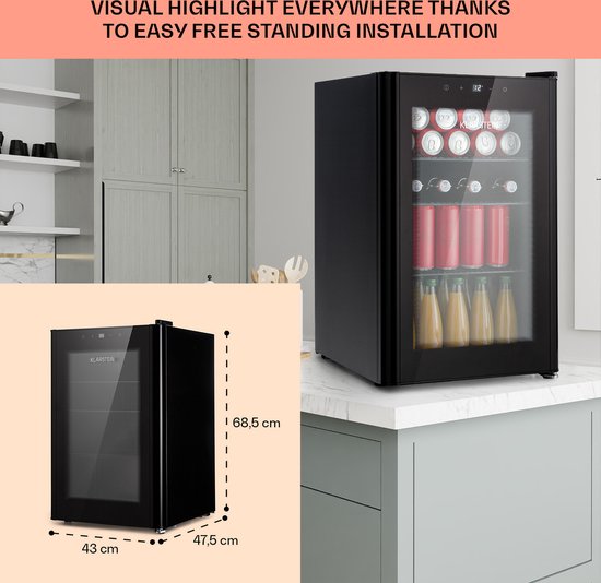 Klarstein Mini koelkast - Glazen deur - LED Verlichting - 3 Planken - 70 liter - Binnen/Buiten - 0-10°C - Zwart - Compact - Touch - Mini Fridge Kleine Koelkast Hotelkoelkast Drankkoeler Compact Koelkast van Klarstein — afbeelding 4