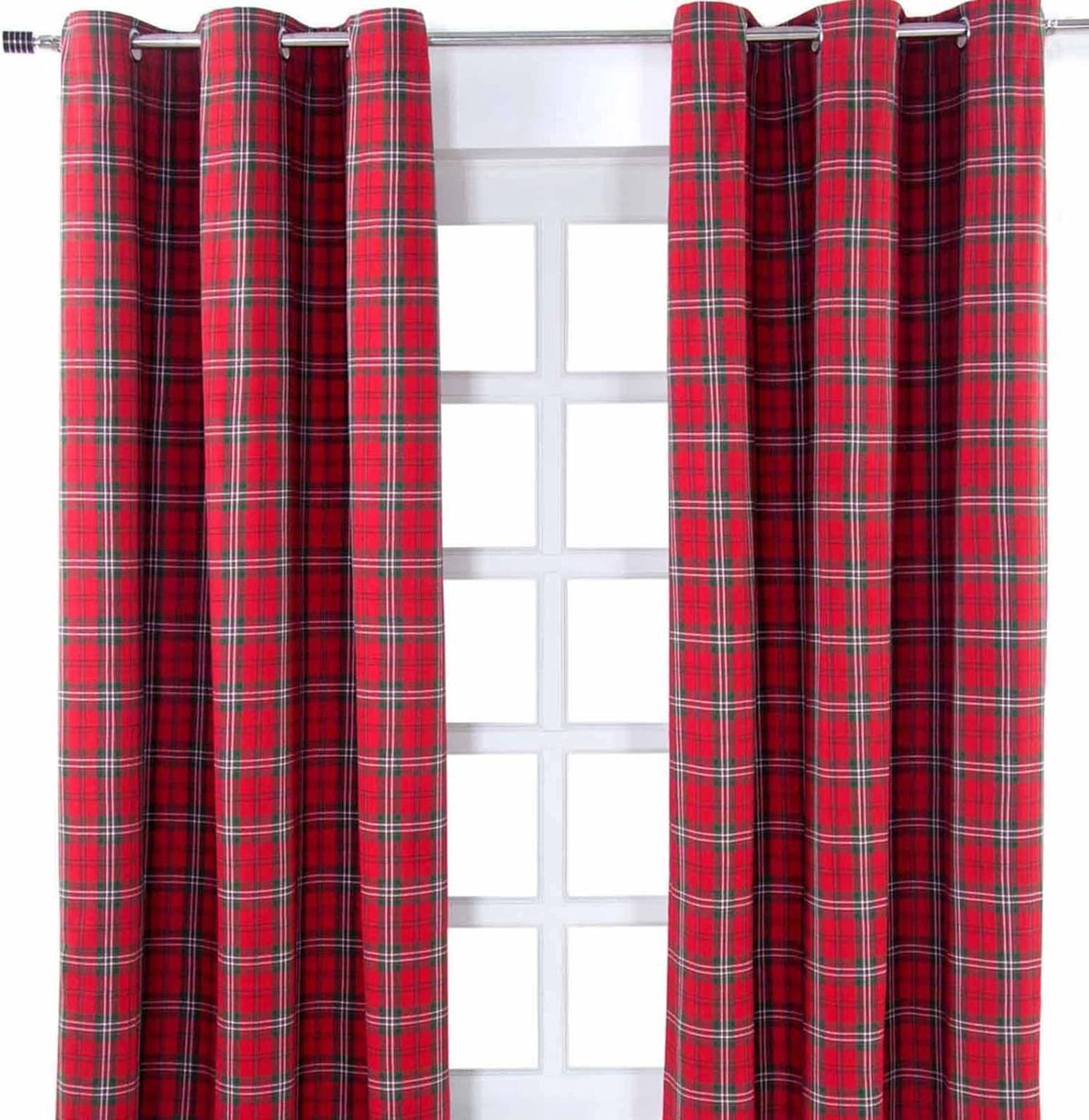 Homescapes Edward tartan ooggordijnen set van 2 100% katoen, 182 x 137 cm Rood/Wit