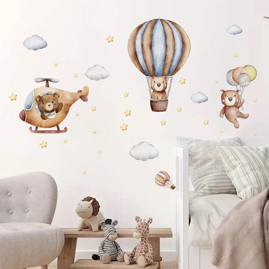 Muursticker Chambre d'enfant - Chambre de bébé - 109x62cm - Ours volants - Ours - Montgolfière - Hélicoptère - Garçon - Fille - PVC autocollant