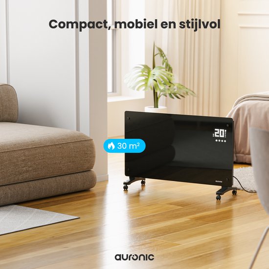 Auronic Chauffage Électrique - Convecteur avec Thermostat et Télécommande - Panneaux chauffants - jusqu'à 30 m² - Chauffage 2500W - Zwart