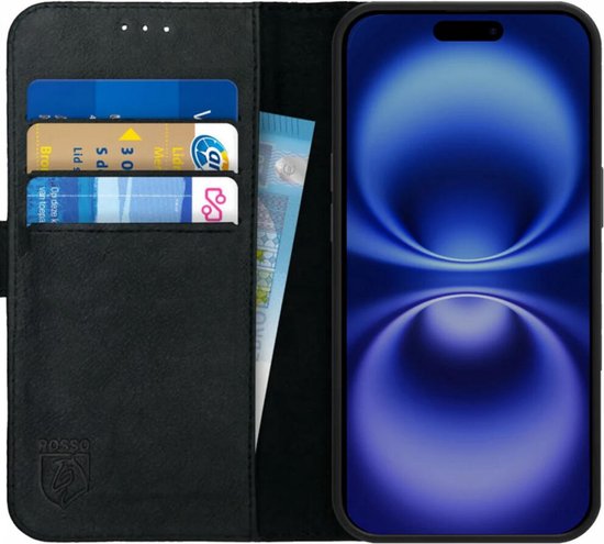 Rosso Deluxe Echt Leer Hoesje Geschikt voor Apple iPhone 16 Pro | Ruimte voor drie pasjes | Portemonnee Book Case | Met Pasjeshouder | Zwart