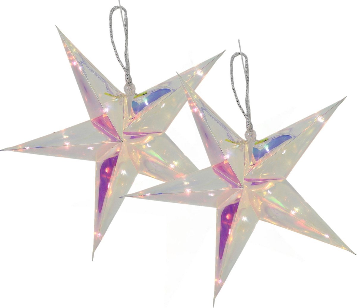 Svenska Living Verlichte kerststerren - 2x - zilver iriserend- 26 cm - op batterij