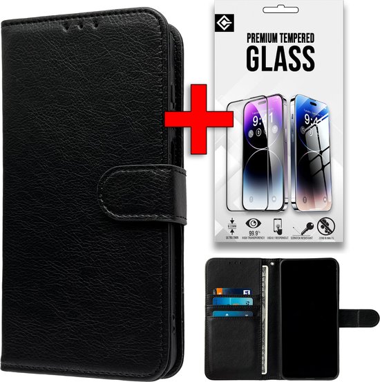 Zwart portemonnee telefoonhoesje, opengewerkt met telefoon, plus glazen screenprotector verpakking.