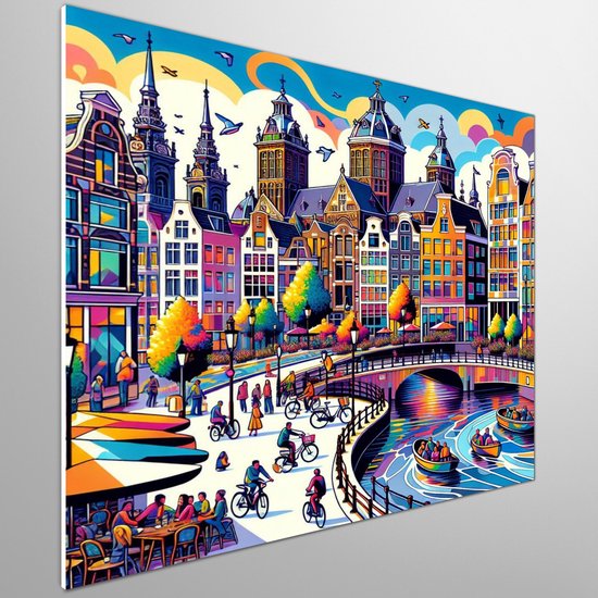 Modern amsterdam schilderij | Urban Elegance: A Contemporary Interpretation of Amsterdam's Modern Culture | Kunst - 40x40 centimeter op Canvas | Foto op Canvas