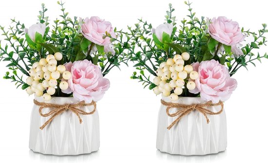 Kleine Nep Roze Kunstbloemen Vaas - Decoratief Bloemstuk 2PC voor Tafels Centerpieces - Tafel Decoratie Eetkamer Keuken - Faux Bloemen in Vaas Salontafel - Zijden Rozen