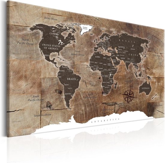 Schilderij - Wereldkaart , Houten Mozaïek , Houtlook, Print op echt Italiaans canvas, Wanddecoratie, echte Eyecatcher aan de muur