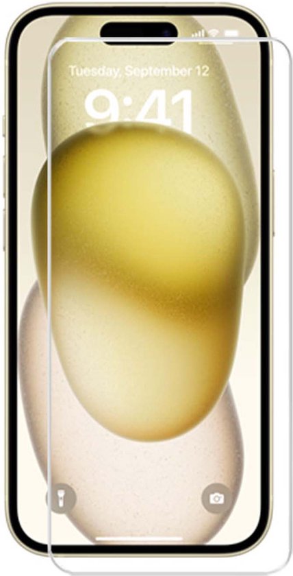 Een gehard glazen screenprotector voor een smartphone, weergegeven op een witte achtergrond.