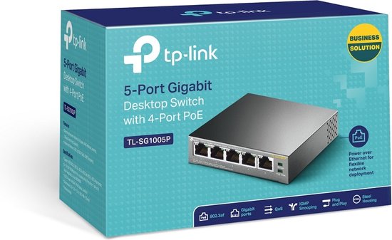 TP-Link 5-Poorts Gigabit Desktop Switch met 4-Poort PoE in verpakking. Box met productafbeelding en informatie over "Business Solution", "PoE", "Gigabit Ports".