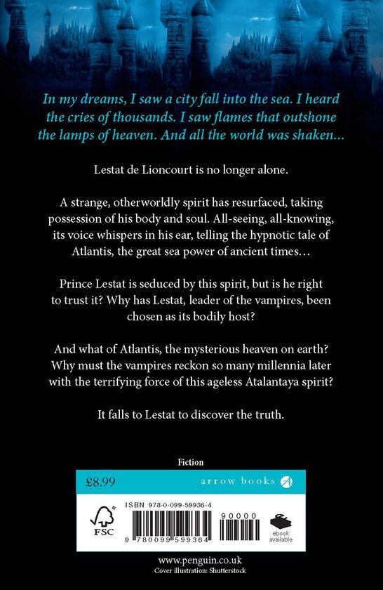 Boekcover: "Prince Lestat and the Realms of Atlantis" met een afbeelding van een kasteel in de verte en tekst over de plot.