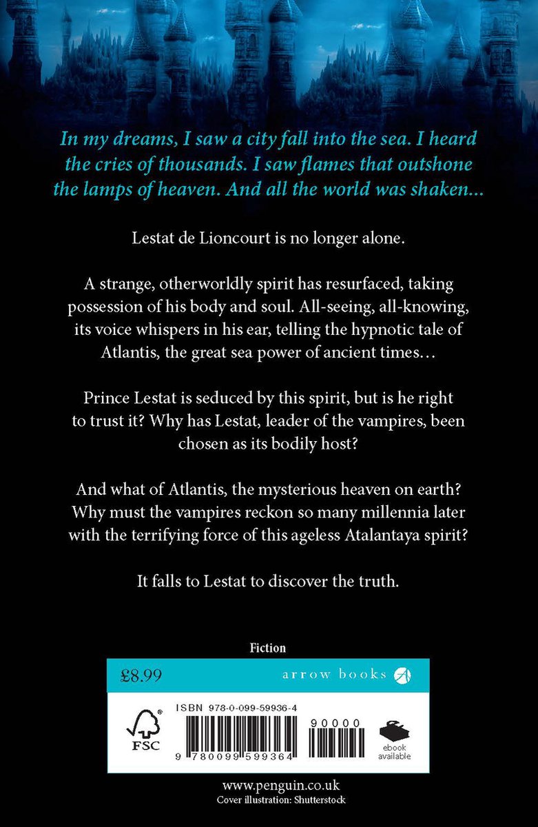 Boekcover: "Prince Lestat and the Realms of Atlantis" met een afbeelding van een kasteel in de verte en tekst over de plot.