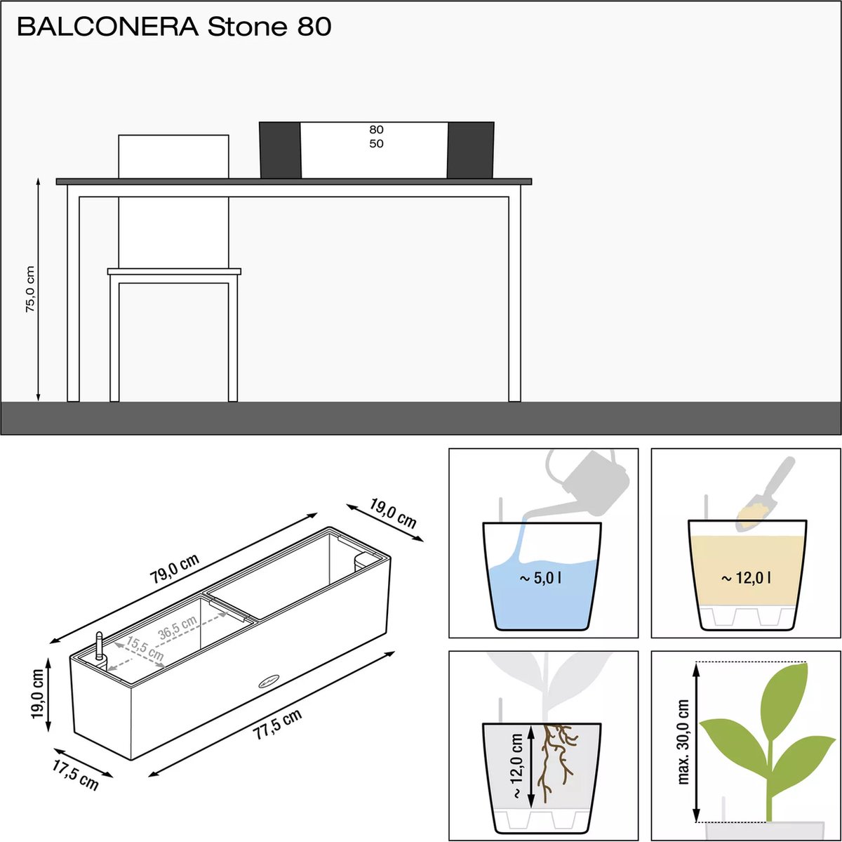 Lechuza Balconera Stone 80 - Planter - with removable inner pot
