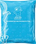 Een blauwe, bedrukte verzendzak met het JAXY logo en een illustratie van een koala.