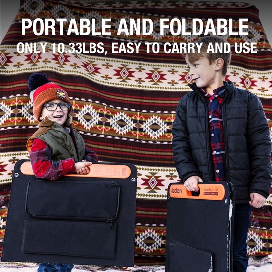 Kinderen met een opvouwbaar Jackery zonnepaneel. "PORTABLE AND FOLDABLE" tekst.