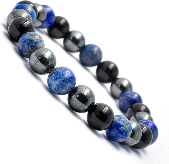 Armband met afwisselend blauwe lapis lazuli, zwarte onyx en grijs-zilveren hematiet kralen.
