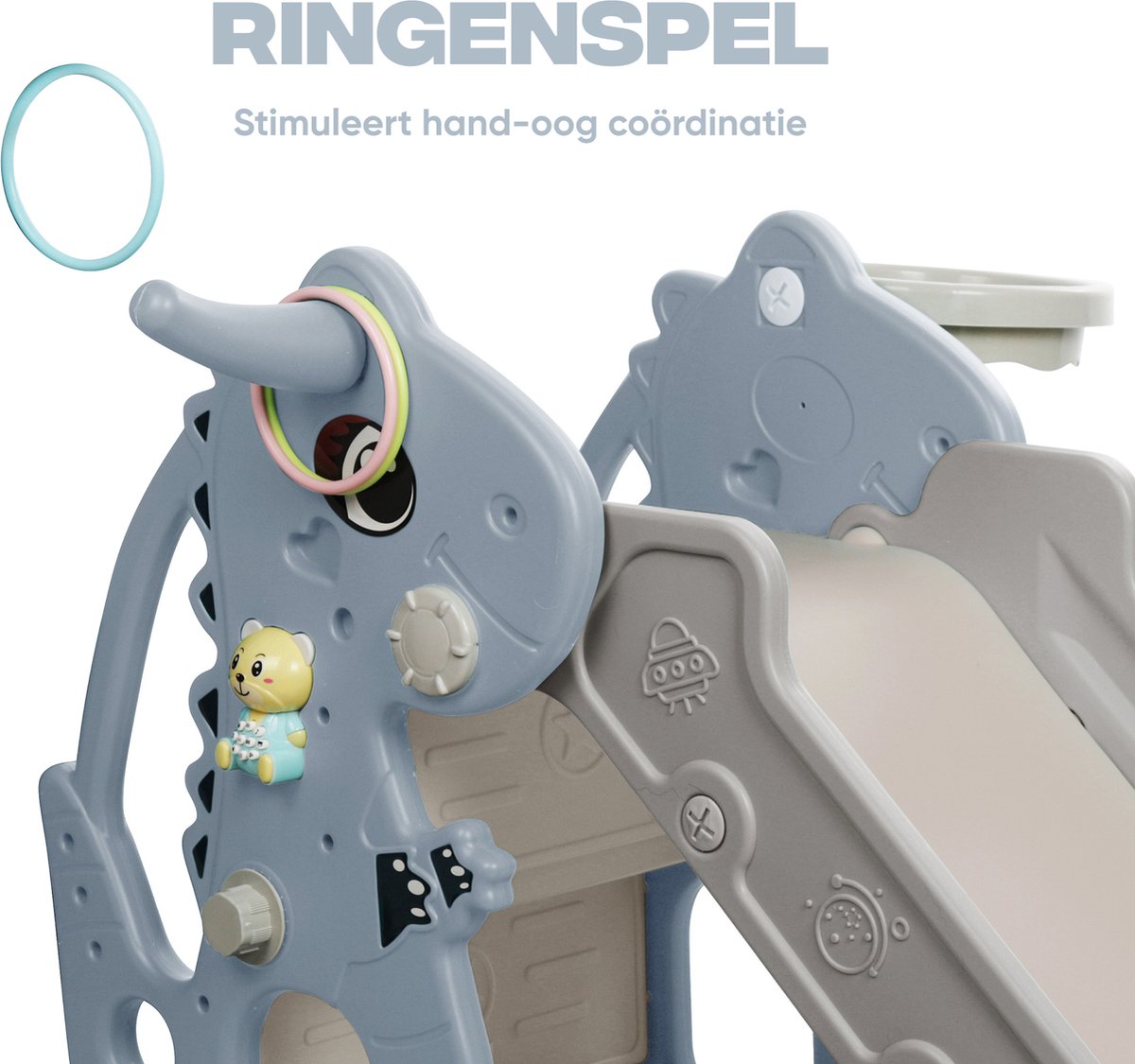 Rockerz Premium Glijbaan - Voor binnen en buiten - Speelplezier gegarandeerd - Opvouwbaar - Veilige dichte trap - Ringen spel - Basketbal ring (inclusief bal) - Muziek beertje - Kleur: Blauw — afbeelding 9