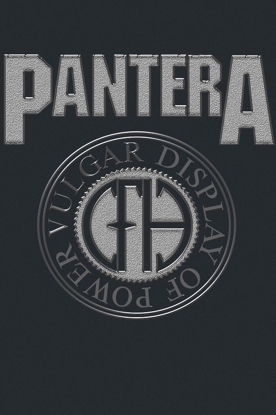 Pantera logo met "VULGAR DISPLAY OF POWER" tekst in een cirkel.
