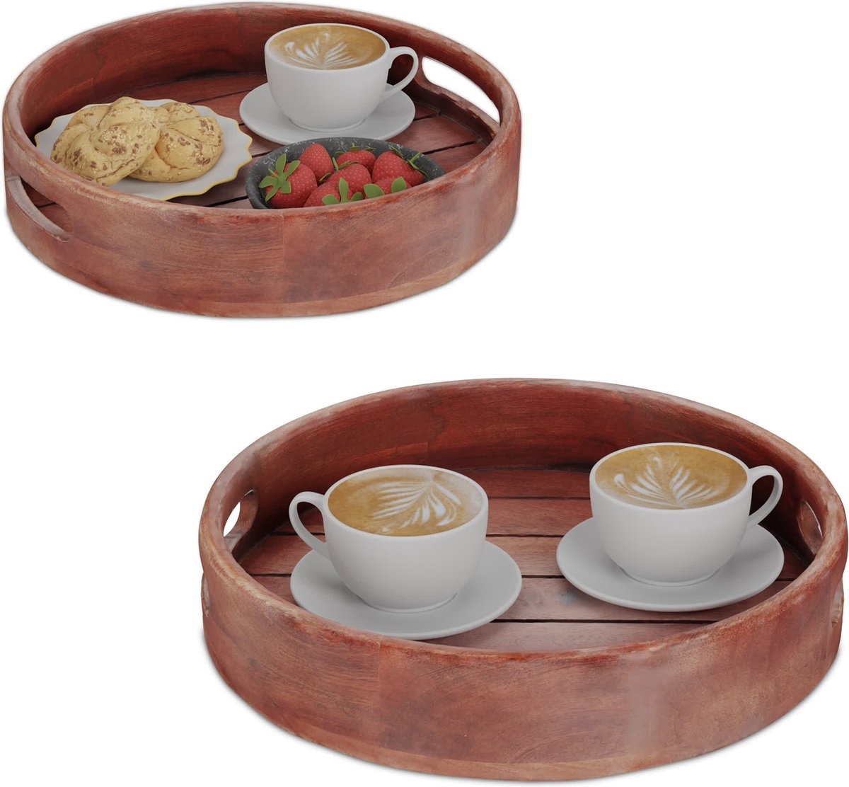 dienblad rond - set van 2 - Ø 29 en 36 cm - met handvaten - mangohout