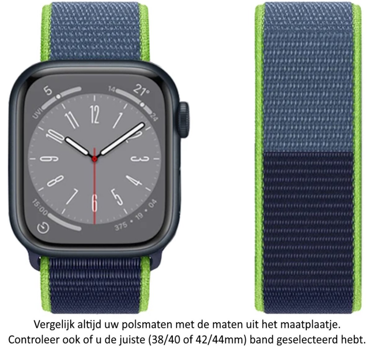 Twee tinten blauw en neongroen Nylon Horlogebandje Geschikt voor Apple Watch 1, 2, 3, 4, 5, 6, 7, 8, 9, SE, 38mm, 40mm 41mm "Vrouwenbreedte" Series - Zacht Geweven Nylon - 38 mm, 40 mm en 41 mm - Maat: zie maatfoto