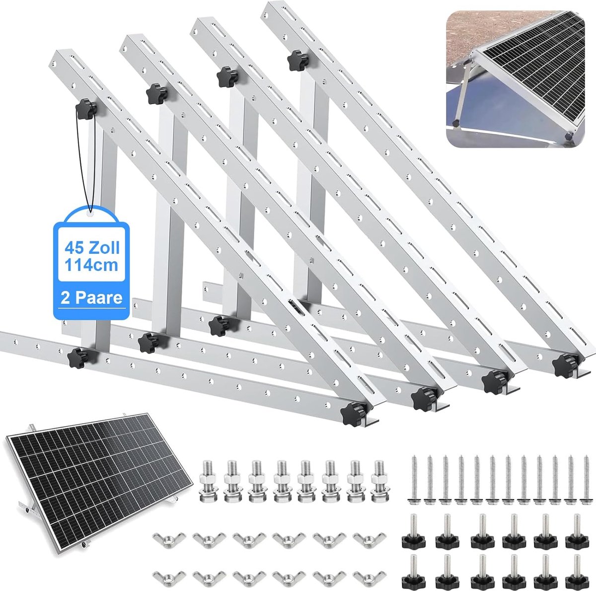 Zonnepaneelhouders Plat Dak 114 cm - Verstelbare Hoek 0-90 Graden, Geschikt voor 100W-600W Zonnepanelen