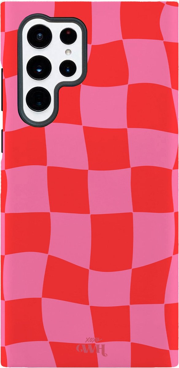 xoxo Wildhearts Drunk In Love - Hoesje geschikt voor Samsung Galaxy S22 Ultra - Siliconen hoesje met dubbele beschermlaag - Luxe case - Stevige backcover - Golvend blokjes patroon - Golven print - Roze / Rood