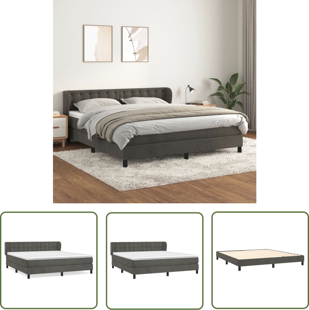 The Living Store Boxspringbed - Fluweel - Donkergrijs - 160x200x78/88cm - Pocketvering