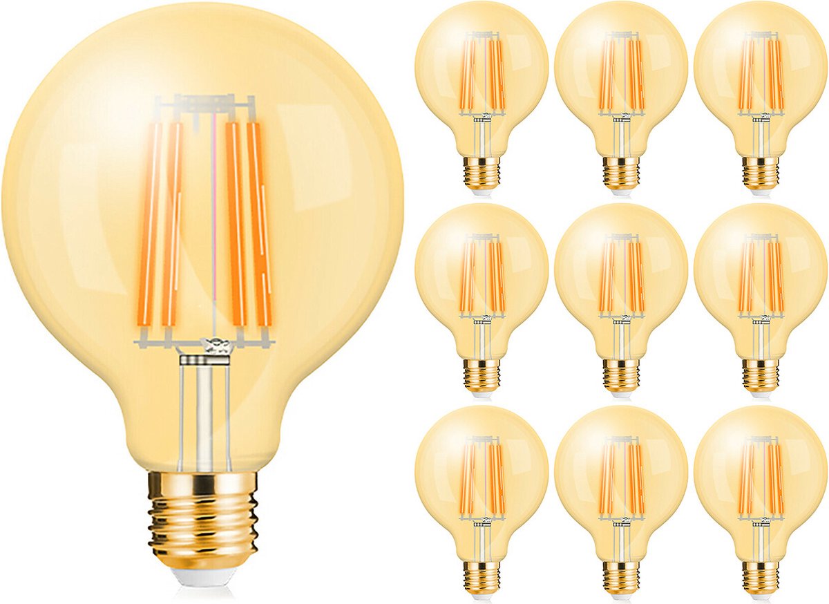 Voordeelpak 10x LED Lamp E27 Globe Filament - Kingtron - Amber 6W 540lm - 822 Zeer Warm Wit 2200K - G125 | Vervangt 45W