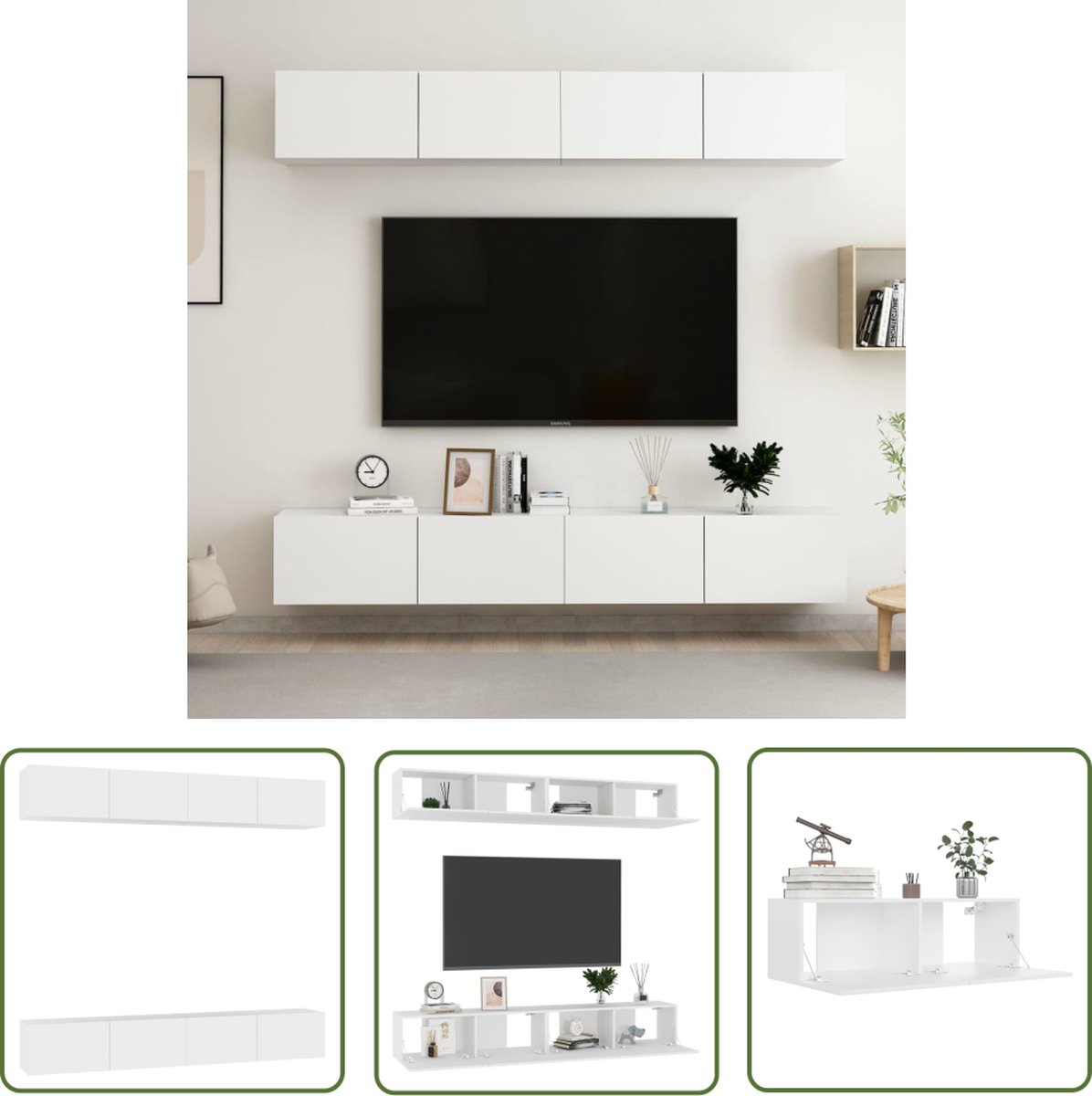 vidaXL Tv-meubel - Televisiekast - Tv-meubelen 4 st 100x30x30 cm bewerkt hout wit - Witte Tv-kasten - Houten Tv-meubel - Salontafel