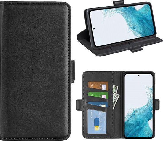 Collage van een gesloten zwarte wallet case, een opengeklapte case en een opengeklapte case met kaarten en telefoon.