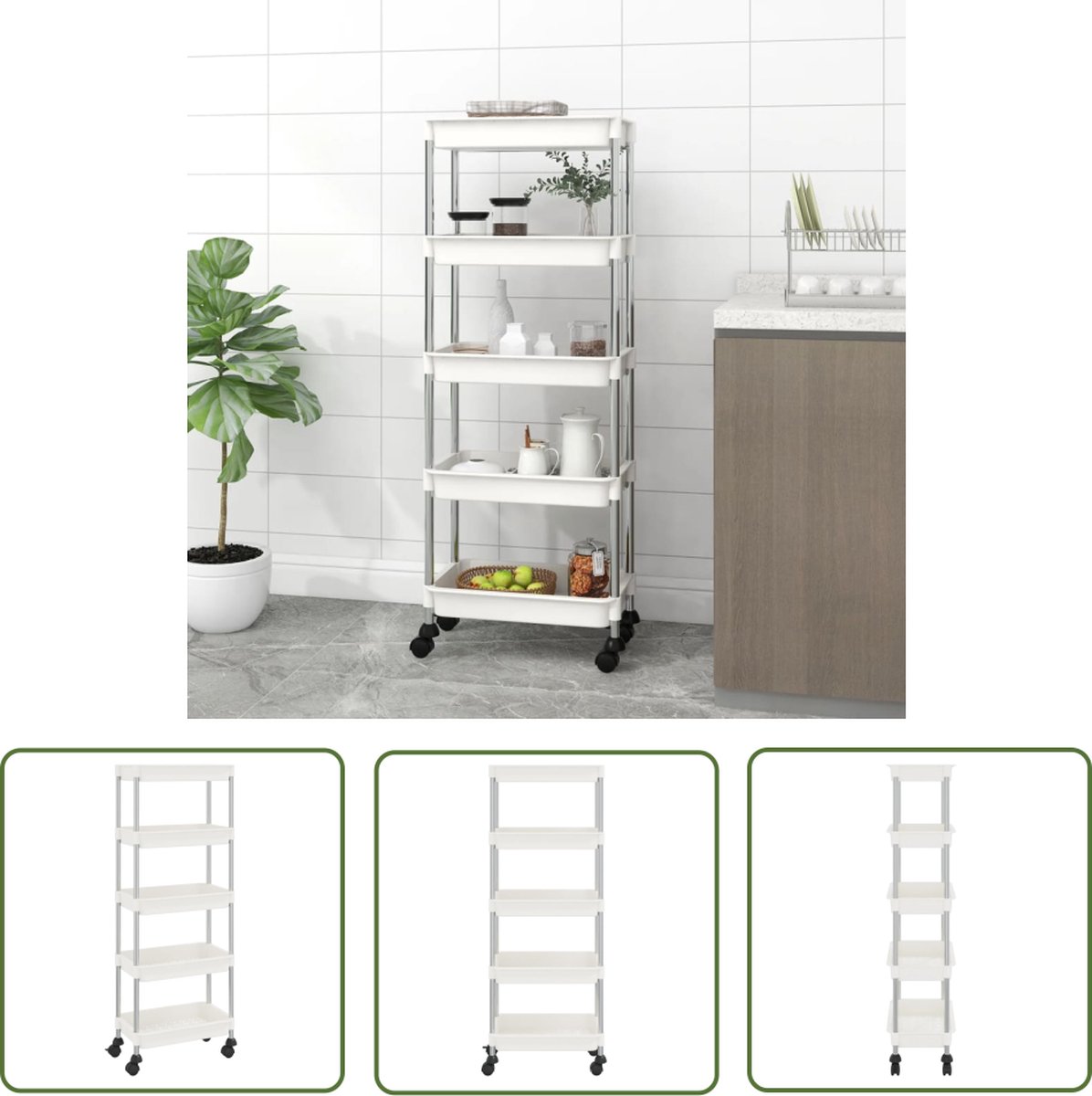The Living Store Trolley Huishoudelijke Wagen - 42 x 29 x 128 cm - Sterk ABS-Kunststof met Ijzeren Buizen