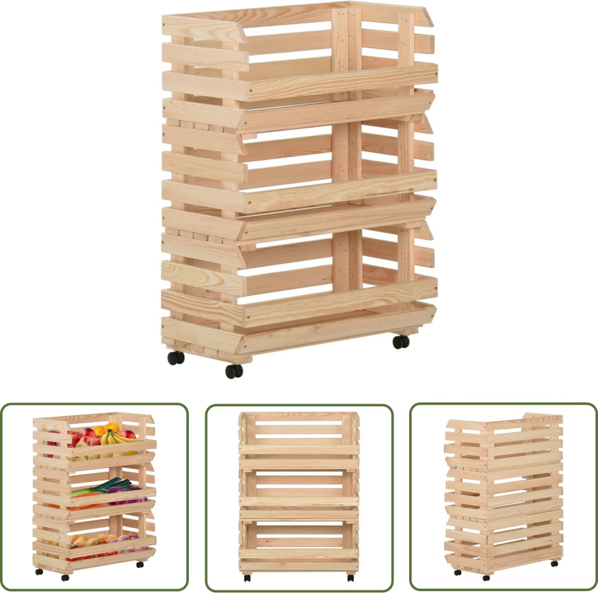 The Living Store Keukentrolley Hout - 57 x 30 x 80 cm - Opbergtrolley met 3 vakken en zwenkwielen