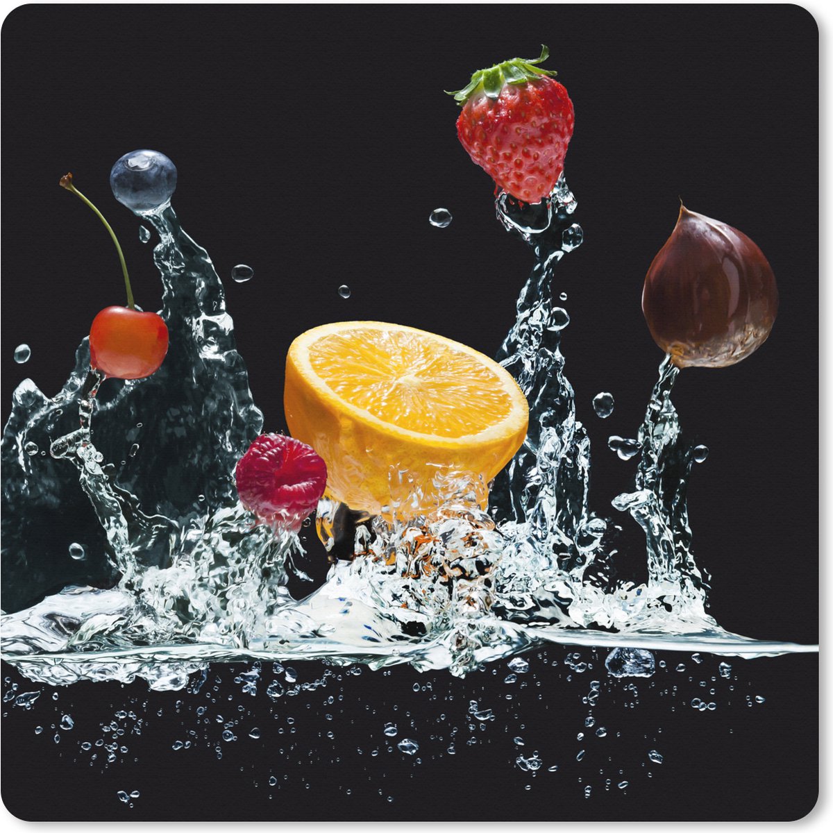 Muismat XXL 40x40 cm - Bureau onderlegger - Bureau mat Water - Fruit - Sinaasappel - Aardbei - Kers - Zwart - Bureaumat - Gaming mousepad xl - Bureaulegger groot - Computer deskmat