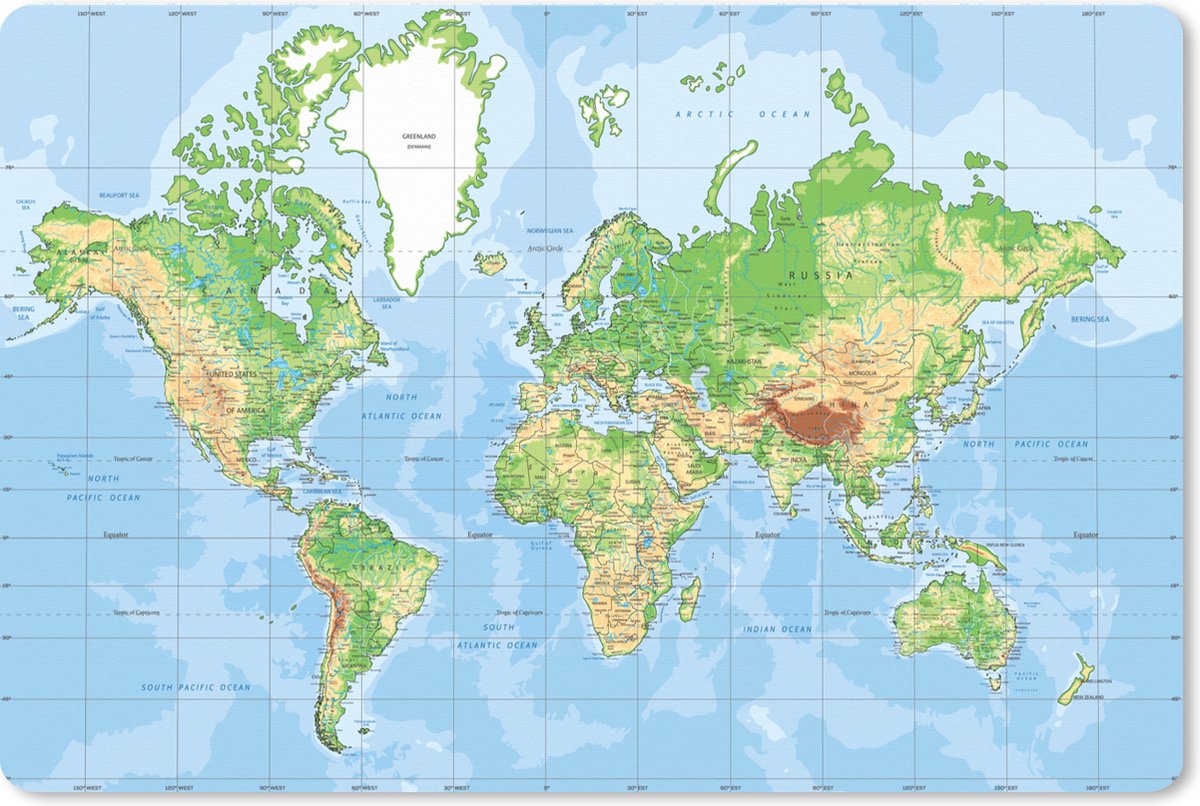 Muismat XXL 90x60 cm - Bureau onderlegger - Bureau mat Wereldkaart - Atlas - Topografie - Bureaumat - Gaming mousepad xl - Bureaulegger groot - Computer deskmat