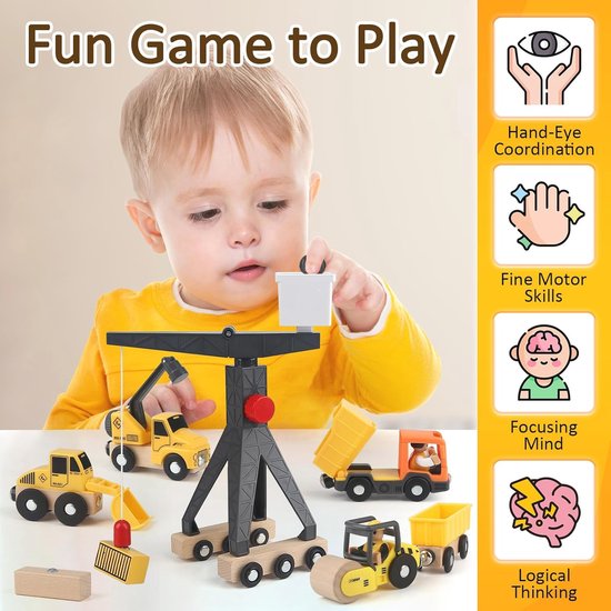 Bouwvoertuigen, bouwplaats, kinderen, cadeaus voor jongens van 2, 3, 4, 5 jaar, hout, magnetisch voertuig, speelgoed met portaalkraan, graafmachine, kraanwagen, wegwals, sleepvoertuig, houten