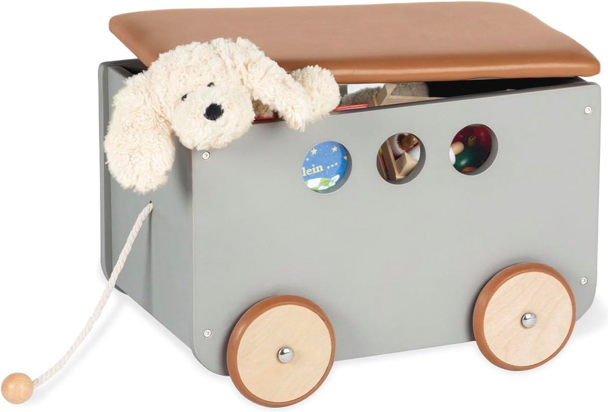 Houten en kunstleren speelgoeddoos met wielen en afneembare hoes – grijs en bruin