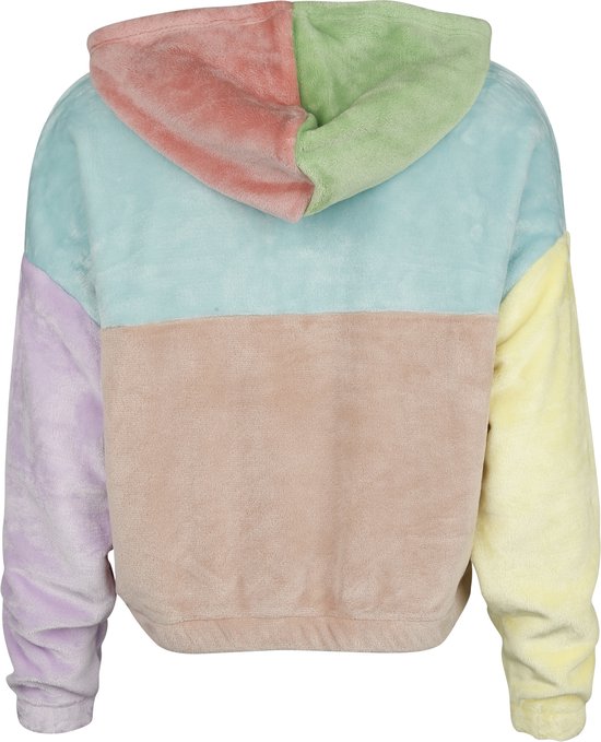 Achterkant korte hoodie met halve rits in pastelkleuren: lichtgroen, mintgroen, roze, beige, geel en paars.