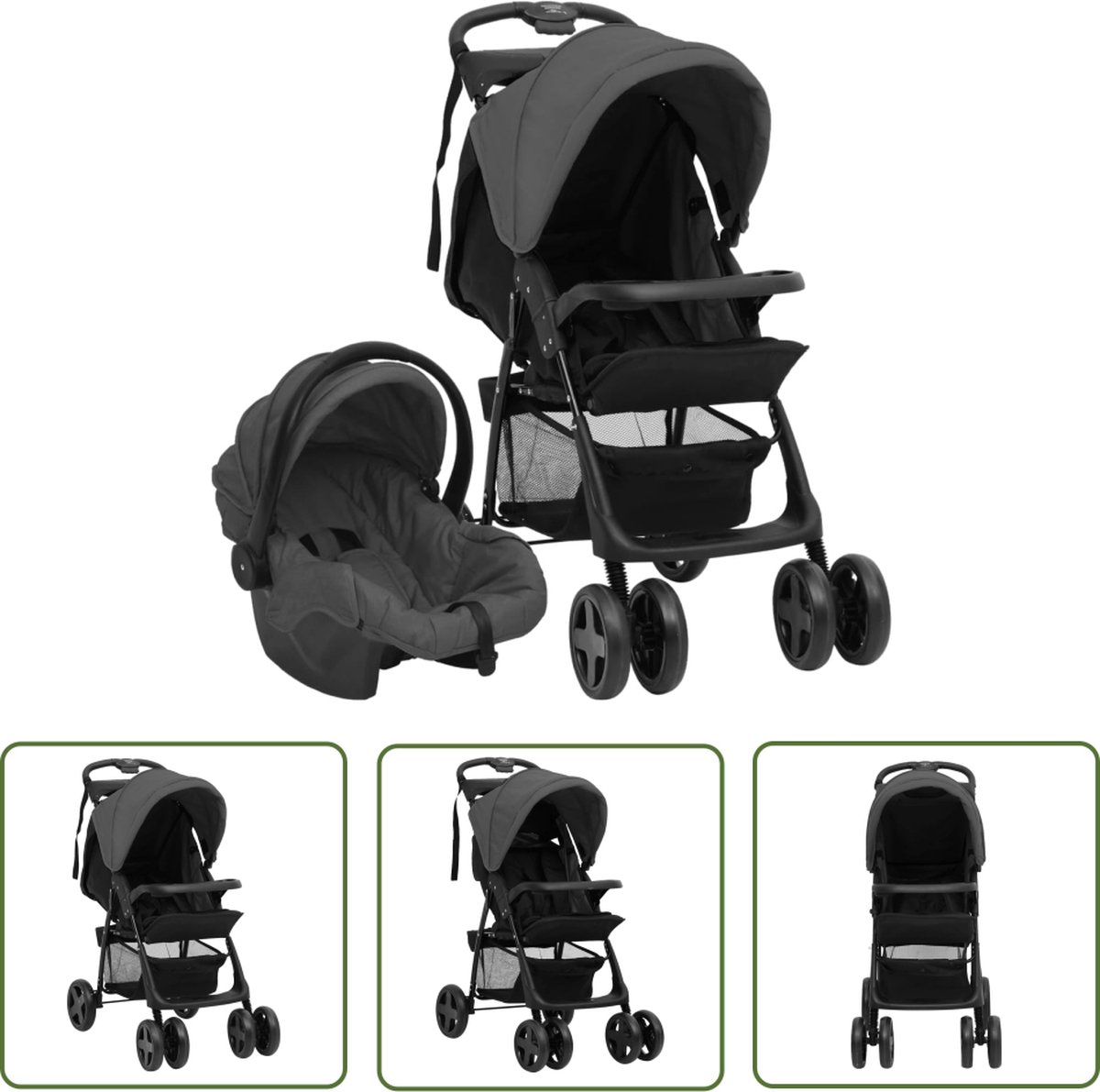 The Living Store Kinderwagen 3-in-1 - Donkergrijs/Zwart - 49x78.5x102 cm - Staal/Linnen - UV-Bescherming