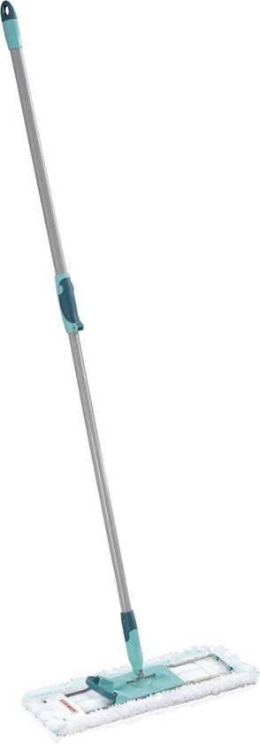 Serpillère avec manche turquoise et argenté, cadre turquoise et mop blanche à rayures turquoise.