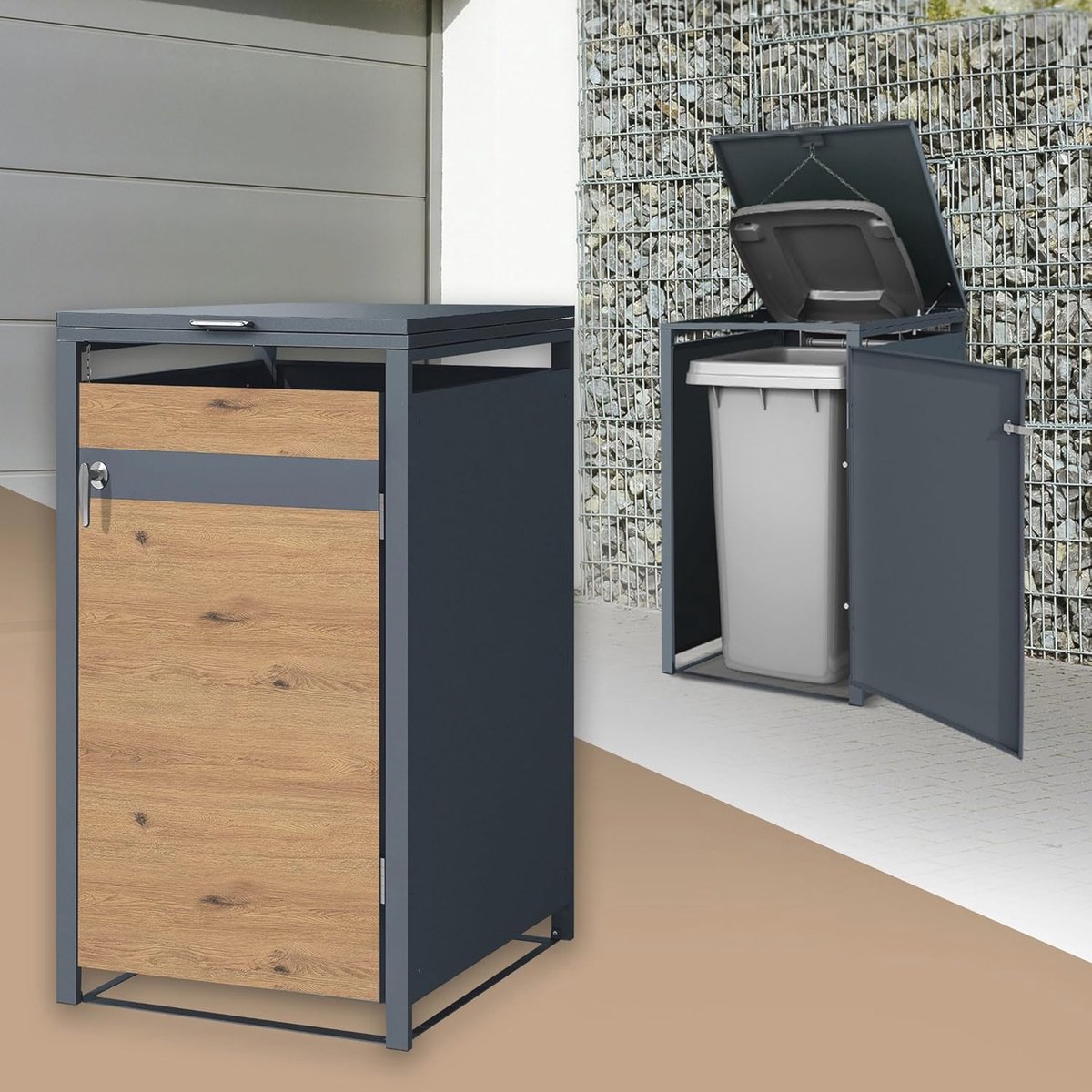 Goedkoopste Vuilnisbakbox voor 1 afvalemmer - 240L - Weerbestendig - 68x80x116,3 cm - Antraciet Houtlook