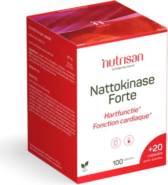 Nutrisan Nattokinase Forte, 100 capsules. Hartfunctie. Vegan. Rode verpakking.