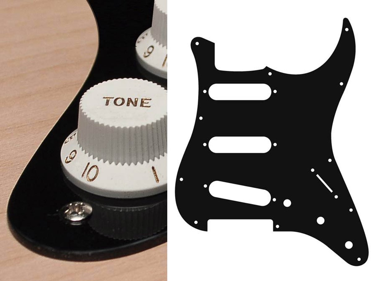 Boston ST-113-B pickguard, Stallion, standard, SSS, 3 pot holes, 3-5 switch, 1 ply, black
