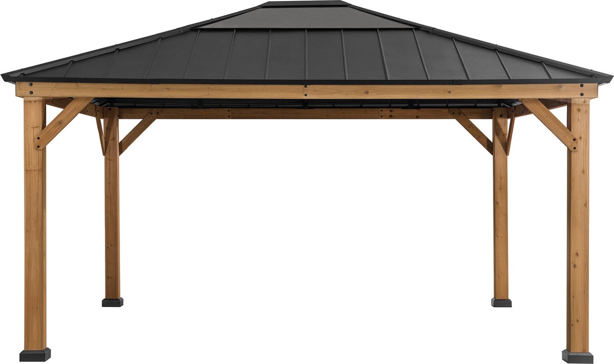 Gazebo luxe tuinpaviljoen in cedarwood/antraciet powder coated staal met lichtdoorlatende hard-top 452 x 393cm
