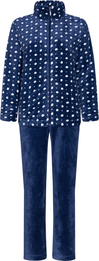 Donkerblauw fleece pyjamapak met witte stippen, ritssluiting en bijpassende broek.