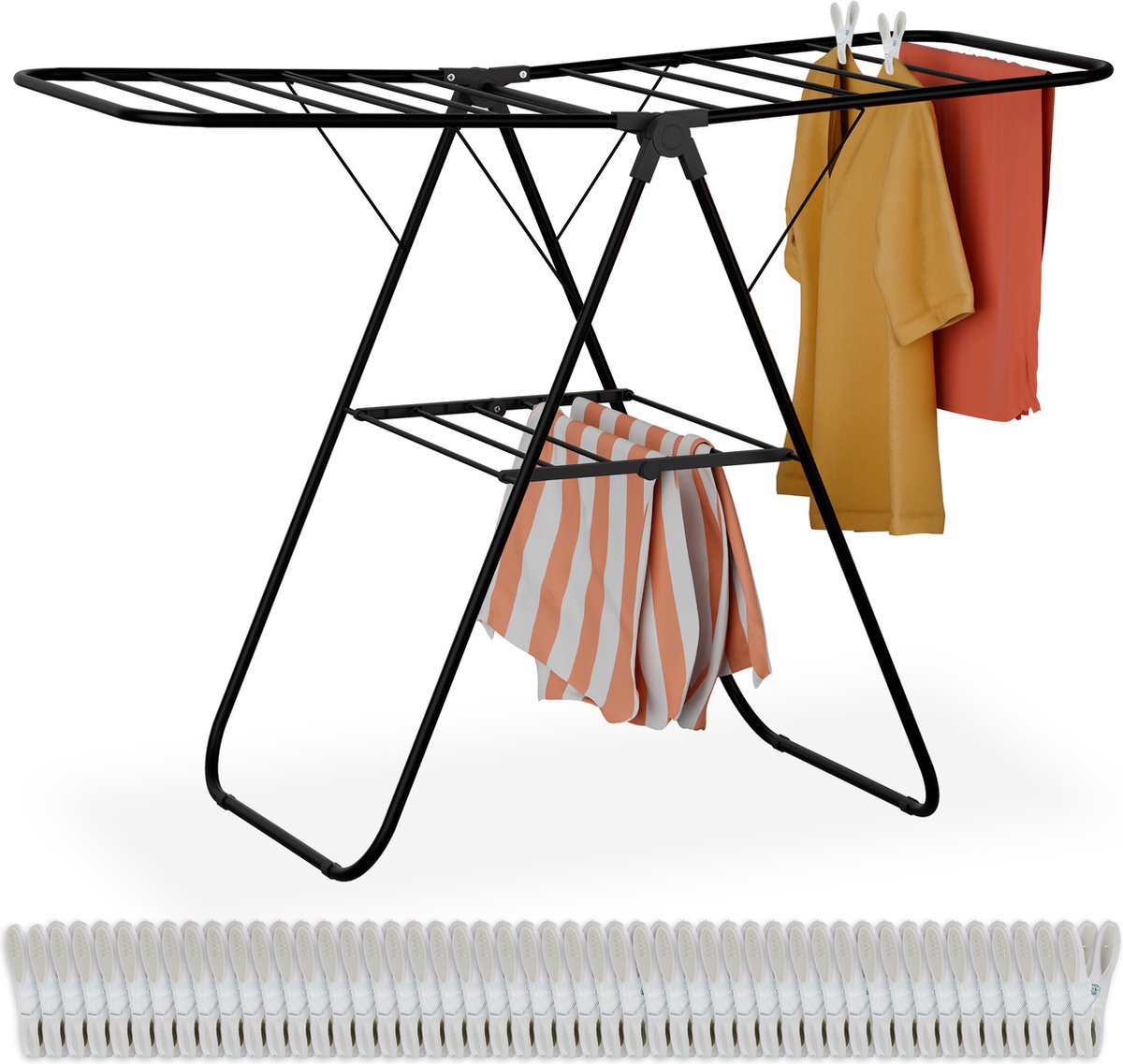Goedkoopste inklapbaar wasrek - metaal - met 50 wasknijpers - 2 vleugels - zwart