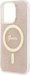 Coque rose à motif logo Guess, bordure dorée et anneau MagSafe.
