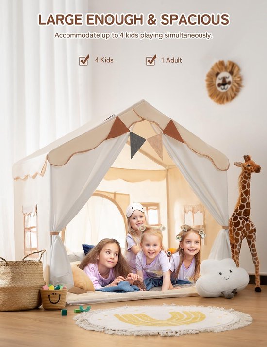 GOPLUS 6-in-1 kindertent, houten speeltent met bureau, stoel en bord, speelhuis voor binnen met opbergdoos, vloermat en gordijnen, houten speeltent voor kinderen van 2 tot 6 jaar, 145 x 98 x 113