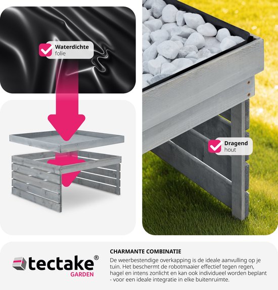 tectake® Garage pour robot tondeuse | Logement en bois avec toit vert, jardinière, bac à fleurs | Rangement de jardin pour tondeuse à gazon | Résistant aux intempéries et aux UV