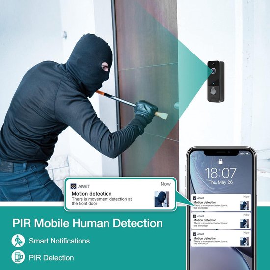 Deurbel Camera 1080P WiFi - Videodeurtelefoon Nachtzicht Tweewegintercom Cloudopslag IP65 Waterdicht — afbeelding 2