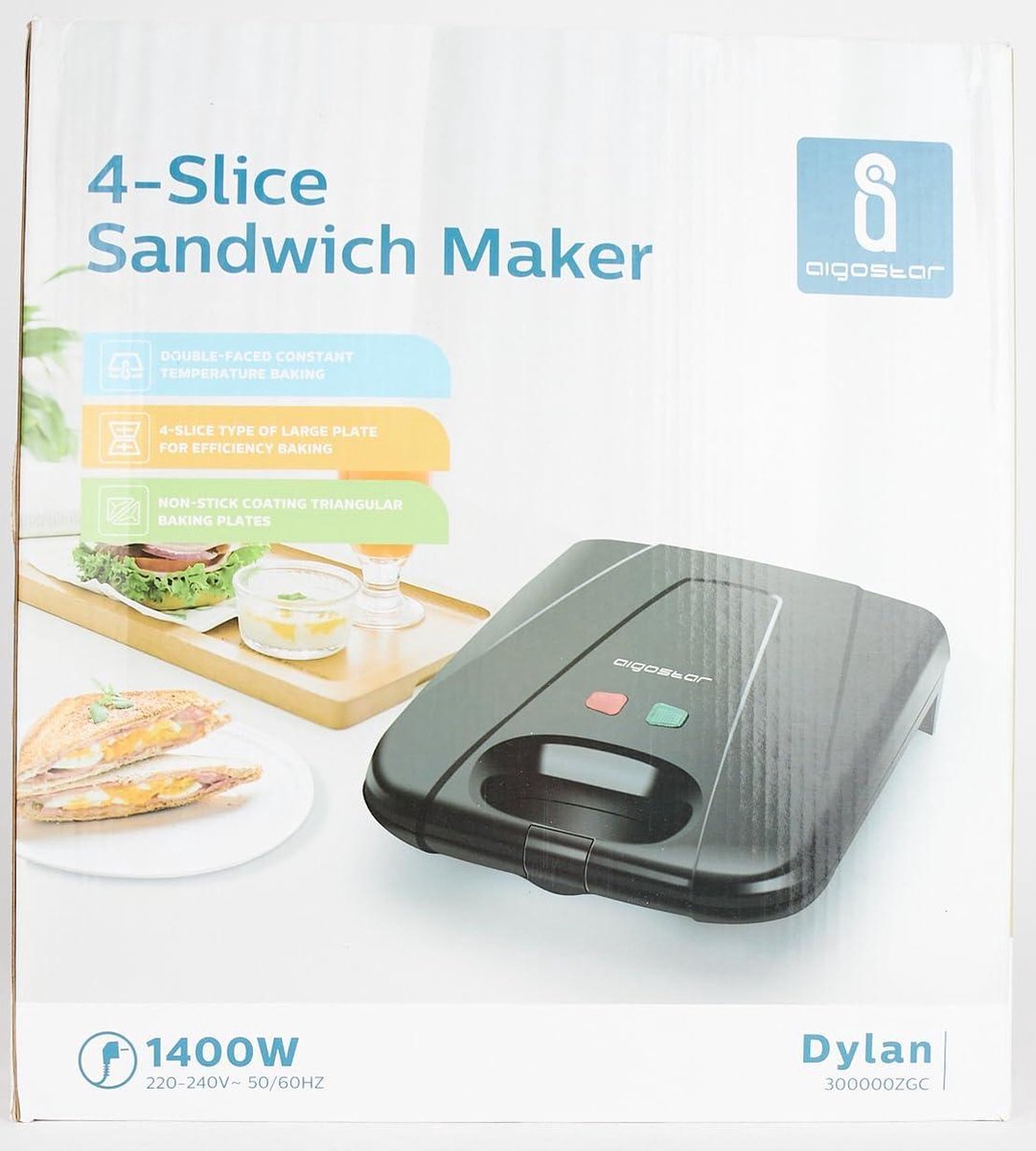 Appareil à Sandwich Aigostar Dylan XXL | 1400W Pour 4 Sandwichs - Revêtement Antiadhésif