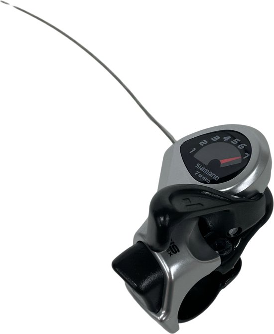 Zilverkleurige Shimano 7-speed SIS INDEX fietshendel met zwarte grip en kabel.